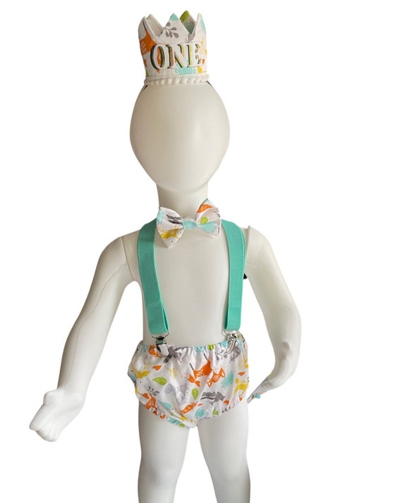 Woodland Fox Baby Boy Cake Smash Outfit Bloomer Diaper Cover, Suspenders and Bow Tie Set