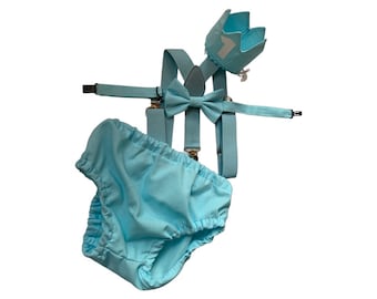 Cake Smash Outfit Blue — Boys First Birthday Outfit Gray Blue — Baby Blue Bow Tie & Baby Blue Diaper Cover with Blue Suspenders