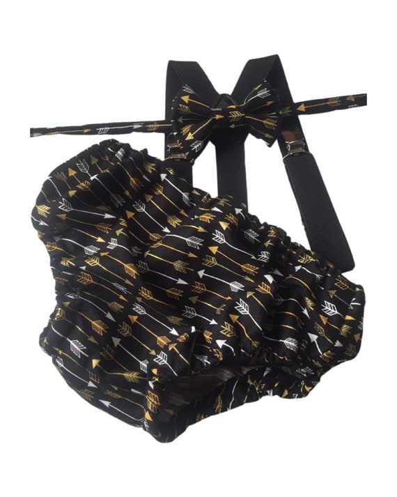 Boys Cake Smash Outfit - Wild One - Diaper Cover, Bow Tie & Birthday bow tie - Boys Birthday Outfit First 1st Birthday - Gold Black Arrows