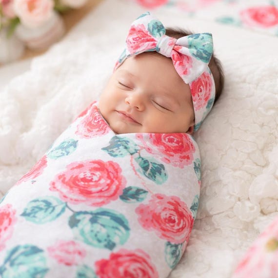 Baby swaddle blanket headband, floral swaddle,Newborn Swaddle blanket, girls swaddle set , baby shower gift, photography prop