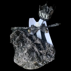 1st Birthday boy cake smash Outfit Bow tie bloomers Suspenders halloween cake smash, boy outfit,bloomers,diaper cover, spiderweb cake smash