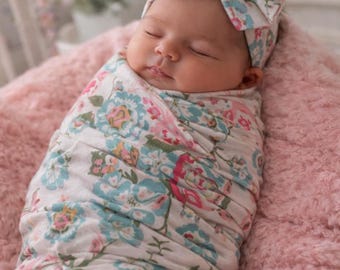 Swaddle Set - Floral Girls Swaddle & Hat (Bow or Newborn beanie)