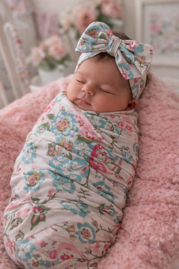 Swaddle Set - Floral Girls Swaddle & Hat (Bow or Newborn beanie)