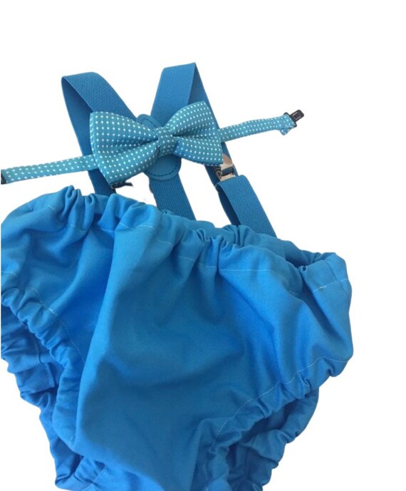 Cake Smash Boy Outfit, Blue Diaper Cover, Bow tie and Suspender, 1st Birthday Boy, Bowtie baby outfit, Bowtie birthday outfit