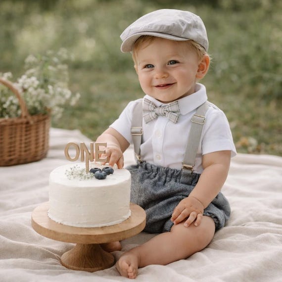 Light denim sitter set - baby boy photo prop - baby clothes - vintage style - flat cap - cake smash outfit