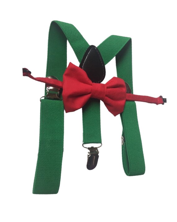 baby boy clothes, red bowtie, green suspenders, double clips, boys suspenders, red bow tie, green suspender, suspenders, red bowtie