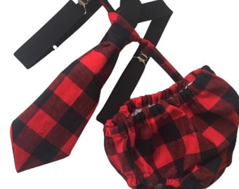 Buffalo Plaid Diaper Cover and suspenders- lumberjack Birthday, buffalo plaid boys tie, buffalo plaid bow tie, flannel boys Christmas outfit
