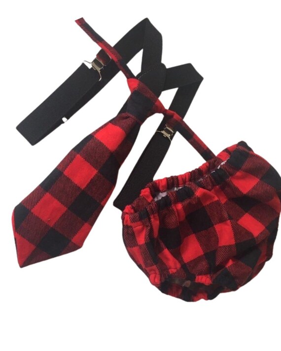 Buffalo Plaid Diaper Cover and suspenders- lumberjack Birthday, buffalo plaid boys tie, buffalo plaid bow tie, flannel boys Christmas outfit