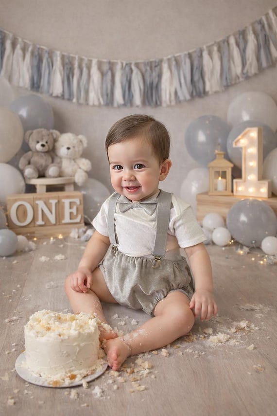 Light denim sitter set - baby boy photo prop - baby clothes - vintage style - first birthday crown - cake smash outfit