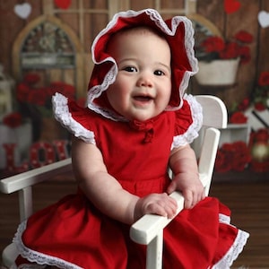 Valentine Smocked Bubble Romper - Red Hearts on Red Polka Dot, Smocked Sleeves, Baby Girl, Heirloom, Vintage Style