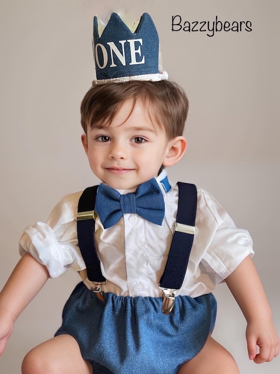 Light denim sitter set - baby boy photo prop - baby clothes - vintage style - first birthday crown - cake smash outfit