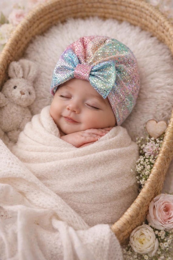 Easter baby turban bow hat, newborn rainbow bow hat, newborn hat, newborn baby rainbow girls beanie cap