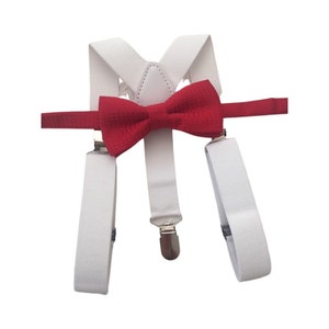 Bow Tie and Suspender Set, white Suspenders, boy Suspenders, baby Suspender Bow Tie, David&#39;s Bridal Apple Red suspenders, Apple Red bow tie
