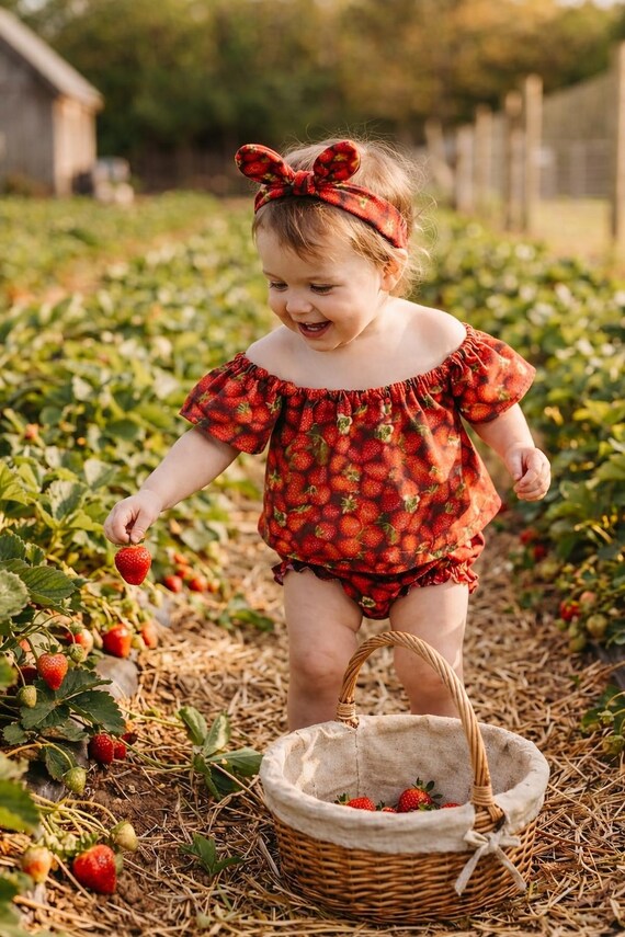 Baby Girl Set, Baby girl clothes, Baby outfit, baby sunsuit, Photography prop, Strawberry, Red, Birthday outfit,baby shower gift,summer baby