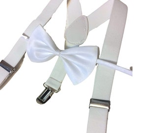 Baby suspenders and bow tie, white baby bow tie, baby bow tie, suspenders, white suspenders set, wedding bow tie, baptism baby set, little