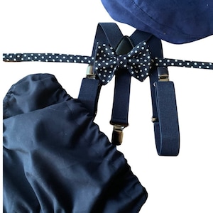 Navy Smash Cake Outfit Jungen erster Geburtstag super weicher Baumwolle Windel Cover, marine Hosenträger und marine Fliege 1st Birthday Photoshooting