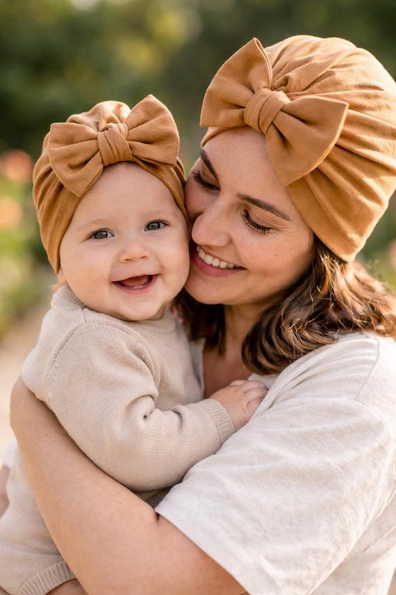 Mocha: ( jersey ) with XL flatbow - baby turban hat, baby turban, infant hat, hospital hat, baby bow hat, coffee baby hat, ocre baby hat