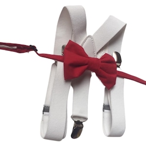 Bow Tie and Suspender Set, white Suspenders, boy Suspenders, baby Suspender Bow Tie, David&#39;s Bridal Apple Red suspenders, Apple Red bow tie