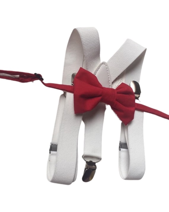 Bow Tie and Suspender Set, white Suspenders, boy Suspenders, baby Suspender Bow Tie, David's Bridal Apple Red suspenders, Apple Red bow tie