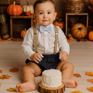 Navy Smash Cake Outfit Boy First Birthday super soft navy cotton Diaper Cover, beige Suspenders and blue bow tie 1st Birthday Photoshoot