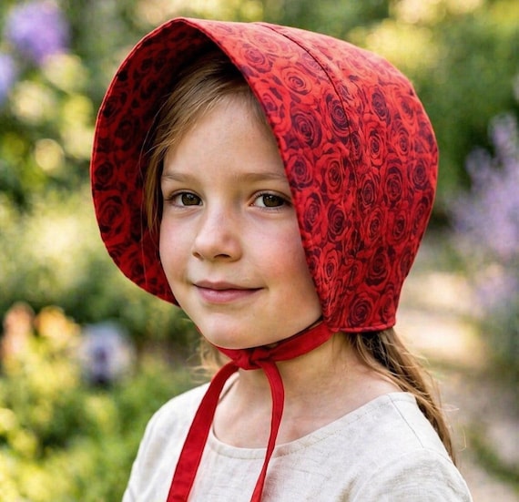 Little red roses summer hat with brim and ties, classic cotton baby bonnet, 6-12 months size ready to ship