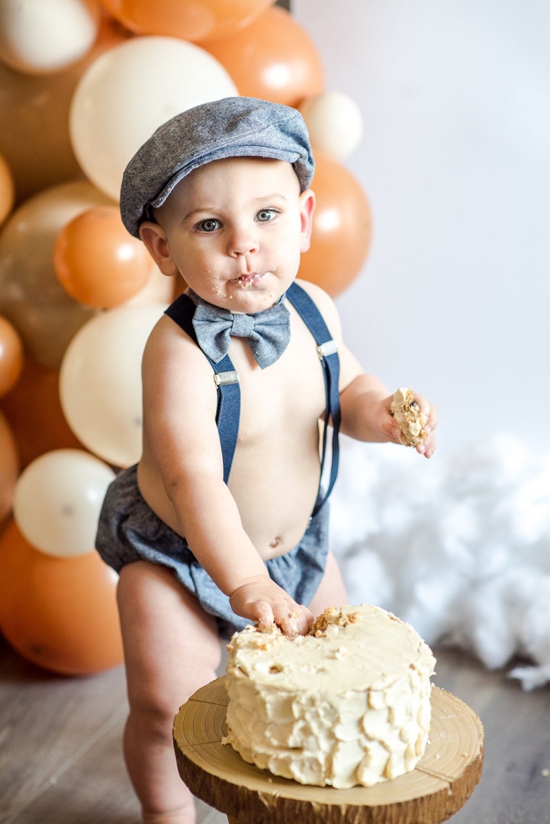 Light denim sitter set - baby boy photo prop - baby clothes - vintage style - flat cap - cake smash outfit main image 1