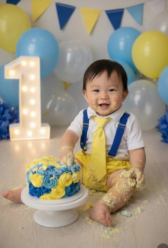 1st Birthday boy cake smash diaper cover tie Suspenders Blue yellow bloomers tie, baby tie, first birthday outfit, bloomers set