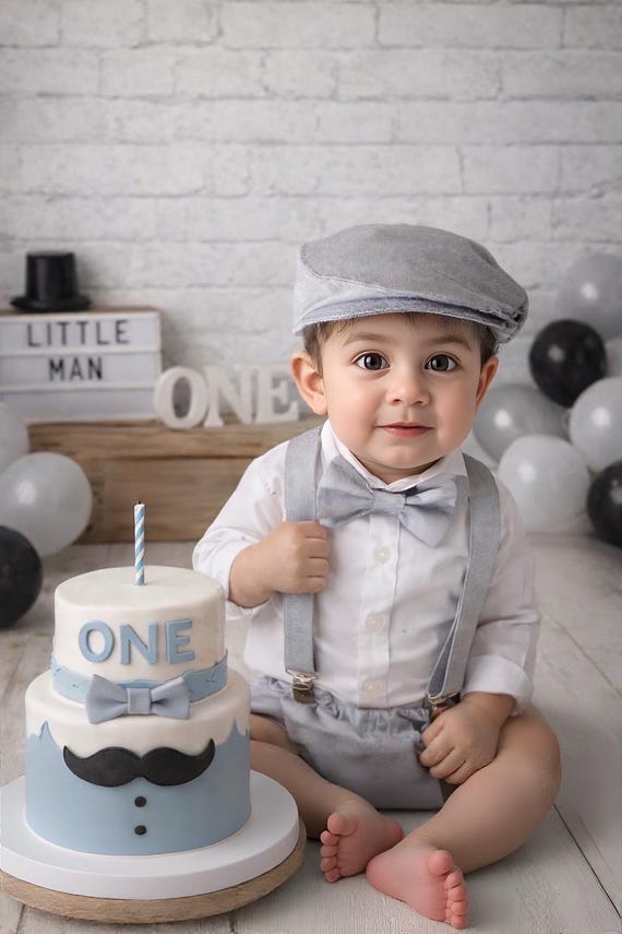 Gray Cake Smash Boy First Birthday super soft cotton dark gray Diaper Cover, light gray Suspenders, bow tie light gray color.