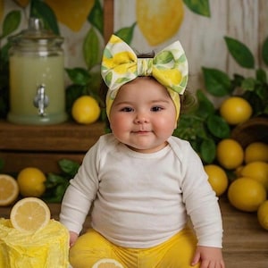 LEMONIA • BIG BOW Headwrap | Permanently Sewn & Pull-Proof | Big Bow Headbands | Soft and Stretchy | Big Bow Headwraps | lemon print