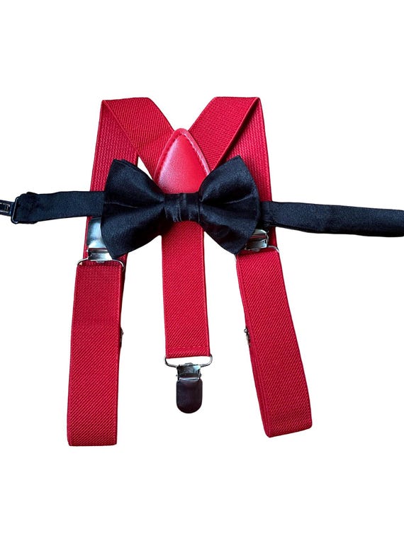 Black satin bow tie and redsuspenders set, Christmas bowtie and suspenders, black satin boy's bow tie, toddler suspenders, kid's suspenders