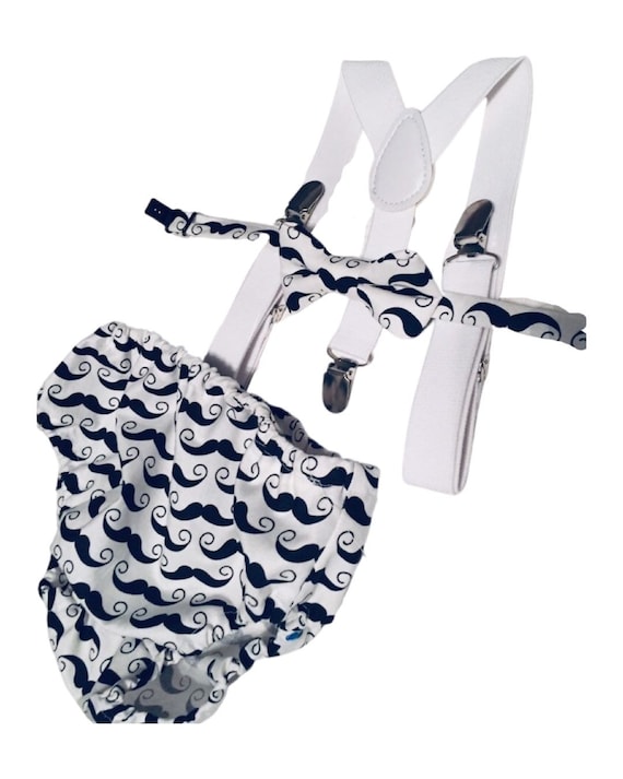 Black & White Moustache 3 Piece Cake Smash Outfit - First Birthday Set Mr Onederful Cake Smash Boy Outfit, Black Diaper Cover, suspenders