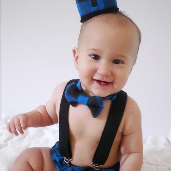 Cake Smash Boy First Birthday super soft plaid cotton Diaper Cover,black Suspenders, buffalo plaid bow tie, Birthday Photoshoot main image 0