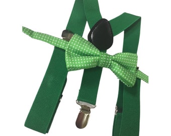 Forest green bow tie suspenders, green suspenders boys, polka dot green bow tie toddler,  green bow tie baby, green braces bow tie