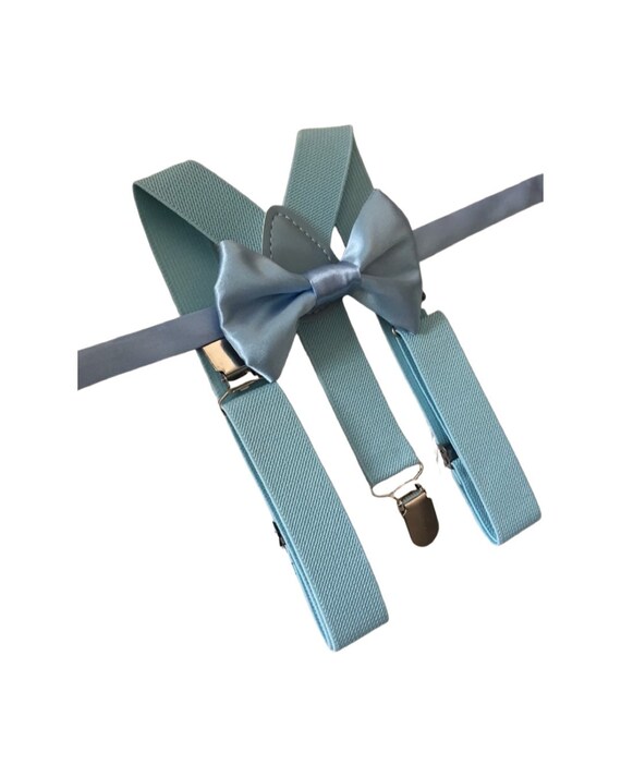 Blue Bow Tie and blue Suspenders, Quality boys, Toddler Suspenders, Boys, Kids, Ring Bearer Gift, Light Blue, Fog, Mist, Braces,