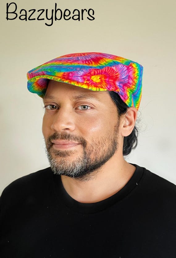 Handmade Tie Dye Flatcap Gatsby Newsboy Rave Hat Rainbow Multi Colour Festival Tie dye flat cap