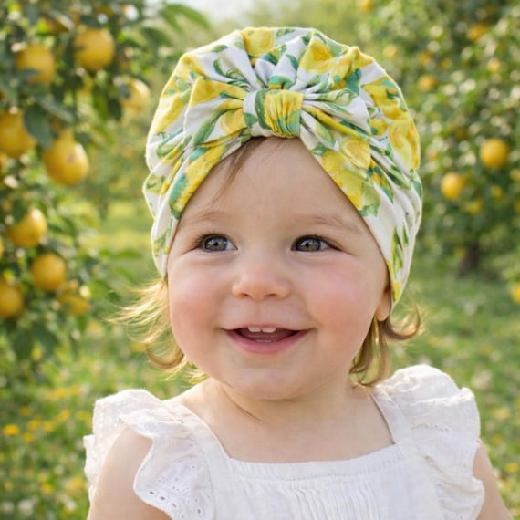 Bow turbans with lemons, yellow baby turban, baby hat, baby accessory, baby shower gift