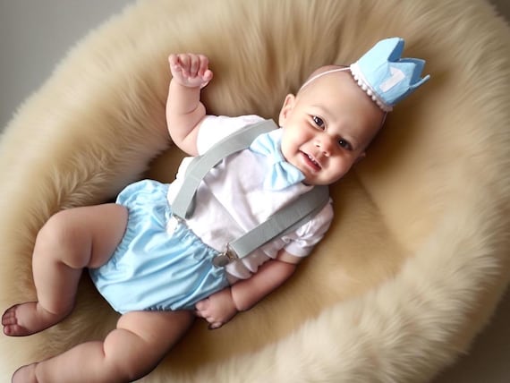 Cake Smash Outfit Gray Blue — Boys First Birthday Outfit Gray Blue — Baby Blue Bow Tie & Baby Blue Diaper Cover with Gray Suspenders