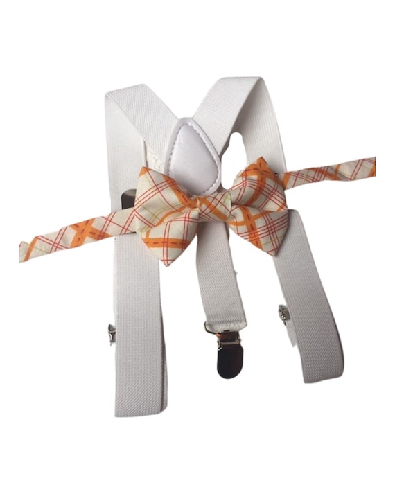 Orange bow tie and white suspender set, plaid bow tie, orange plaid bow tie, boys bow tie, men's bow tie, fall bow tie