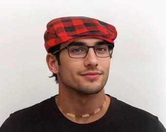 Red and Black Buffalo Check Flat Cap, Red Buffalo Plaid Newsboy