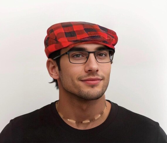 Red and Black Buffalo Check Flat Cap, Red Buffalo Plaid Newsboy Hat, Birthday Boy Buffalo Plaid Hat, Man Lumberjack Plaid Flat Cap Hat Gift