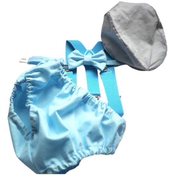 Gray Cake Smash Boy First Birthday super soft cotton dark gray Diaper Cover, light gray Suspenders, bow tie light gray color.