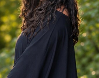 Summer sheer poncho for women, Black + wrap top crepe, Versatile light poncho sweater for summer dress, Boho chic girlfriend gift
