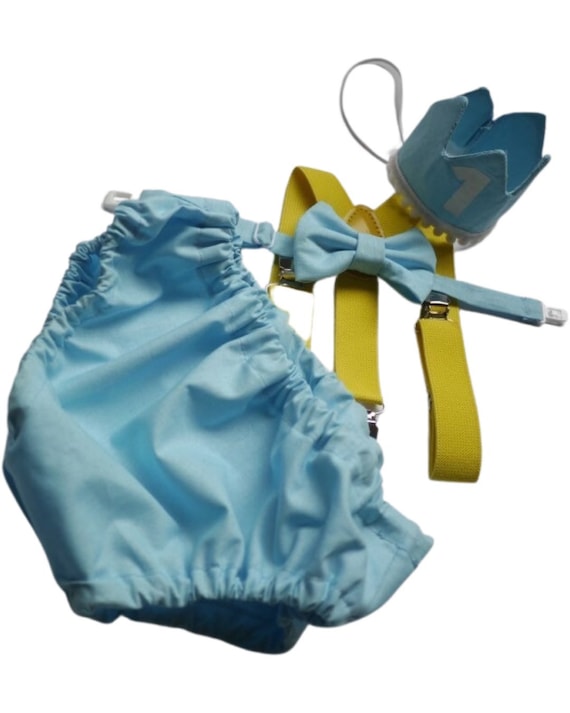 Cake Smash Outfit Gray Blue — Boys First Birthday Outfit yellow Blue — Baby Blue Bow Tie & Baby Blue Diaper Cover with yellow Suspenders