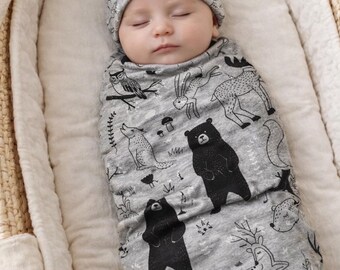 Baby Boy Swaddle Set - Blanket Beanie Hat - Woodland Baby Boy Blanket -Newborn Hospital Photo -Safari Blanket- Baby Gift