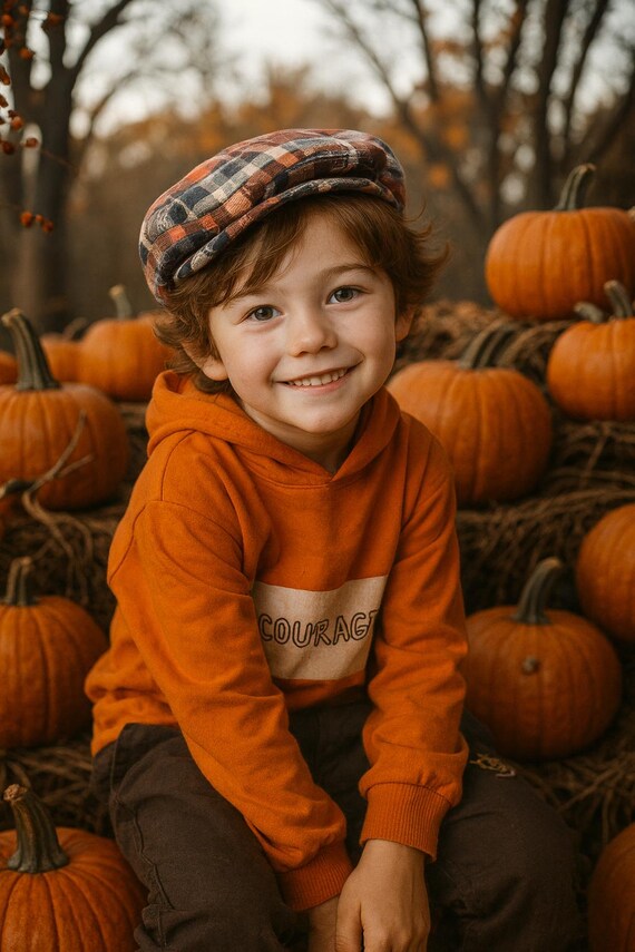 boys flat cap, fall Thanksgiving baby flat cap in orange plaid, newsboy flat cap, made to order, mens flat cap, blue orange plaid hat, navy