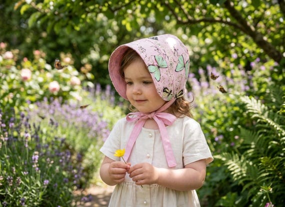 Pink Cotton Baby Bonnet, butterfly Bonnet, Easter Bonnet, Baby Sun Bonnet, Summer Bonnet, Toddler Bonnet, Baby Hat, Bonnet Chapeau