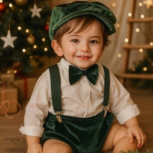Puede incluir: Un bebé con un conjunto de terciopelo verde, que incluye una gorra, pajarita, tirantes y pantalones cortos. El bebé está sonriendo. El fondo incluye un árbol de Navidad y luces decorativas.