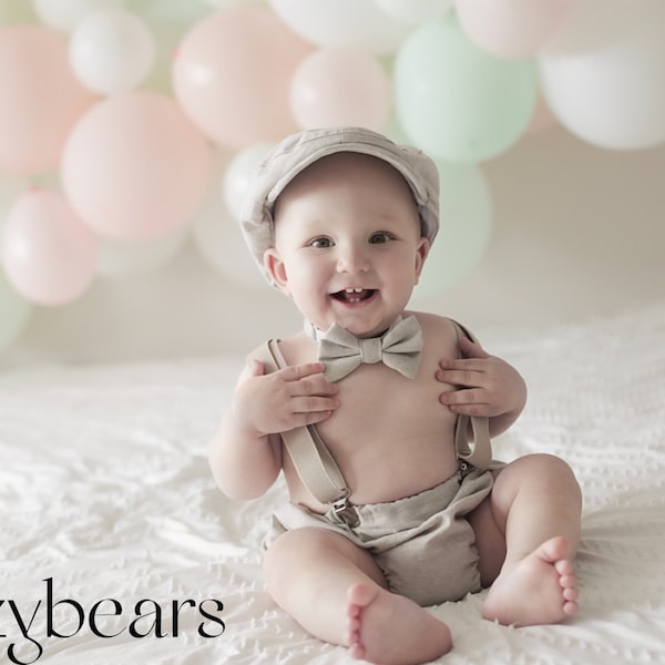 Light denim sitter set - baby boy photo prop - baby clothes - vintage style - flat cap - cake smash outfit main image 0