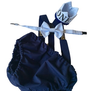 baby boy navy blue and blue themed cake smash outfit nappy diaper cover suspenders bow tie boy first birthday outfit 1st birthday main image 0