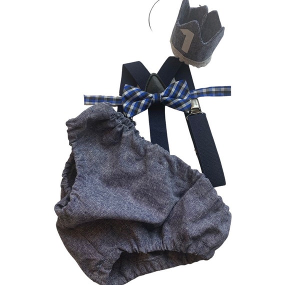 Light denim sitter set - baby boy photo prop - baby clothes - vintage style - first birthday crown - cake smash outfit